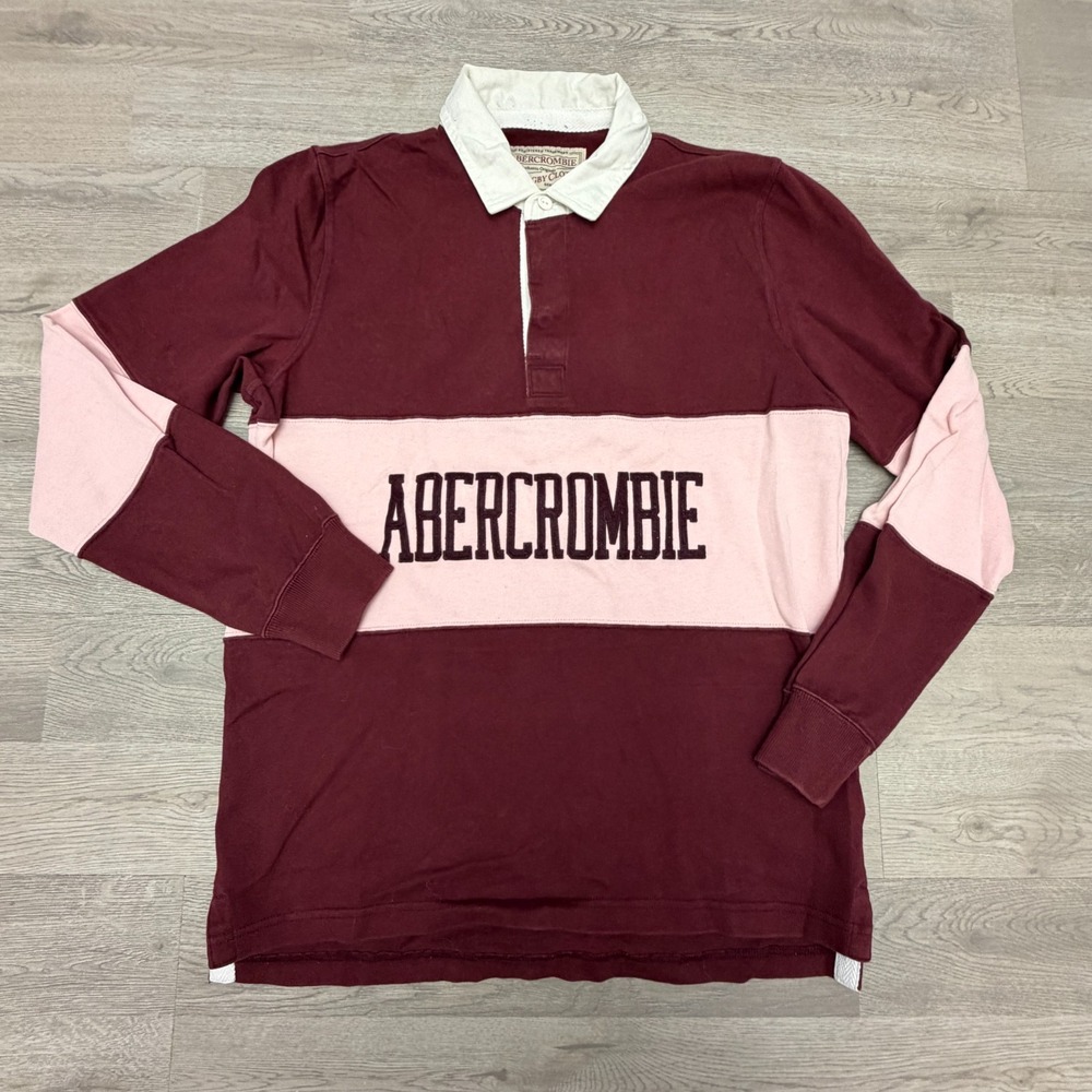 Y2K Abercrombie Fitch Rugby Shirt Mens M Burgundy Pink Spellout A&F 2000s